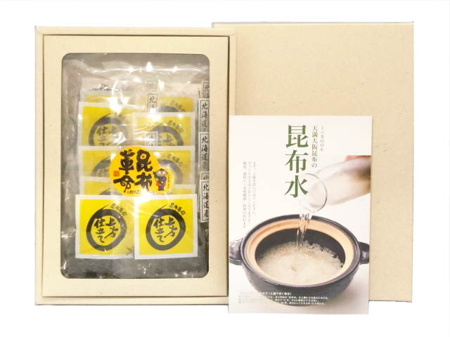 昆布革命十グラム十袋と昆布水リーフレットのギフト箱入りです